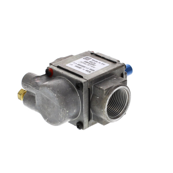 A close-up of a Bakers Pride pilot safety valve with blue and red screws.