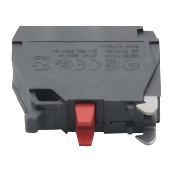 A grey electrical contact block with red and black buttons.