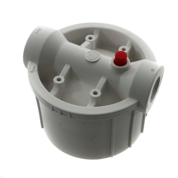 A white plastic Everpure prefilter head with a red button.