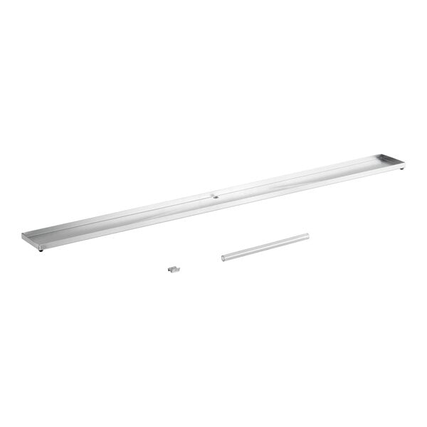 A long, rectangular metal evaporator drain pan with an accompanying tube and small connector piece.