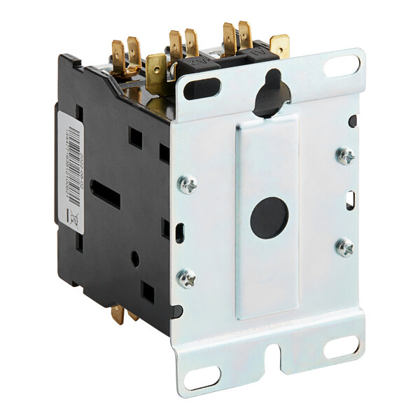 A metal contactor with two switches and two wires.