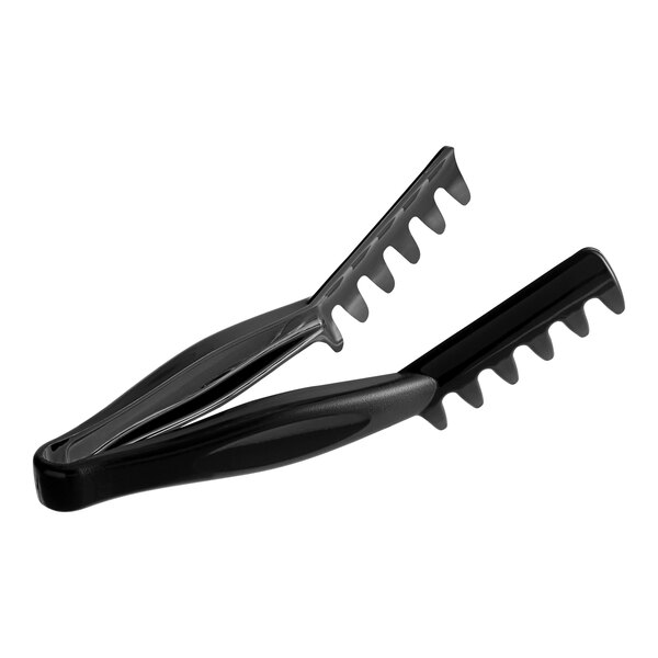 A pair of black Cambro spaghetti tongs with teeth.