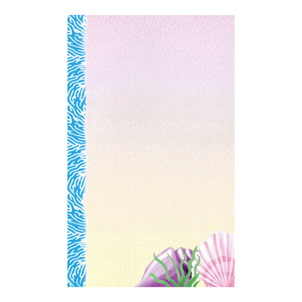A pastel-colored sheet of paper with a blue wavy border on the left and illustrated seashells and seaweed at the bottom right corner.