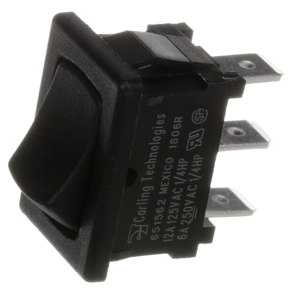 A black Stero toggle switch with two terminals.
