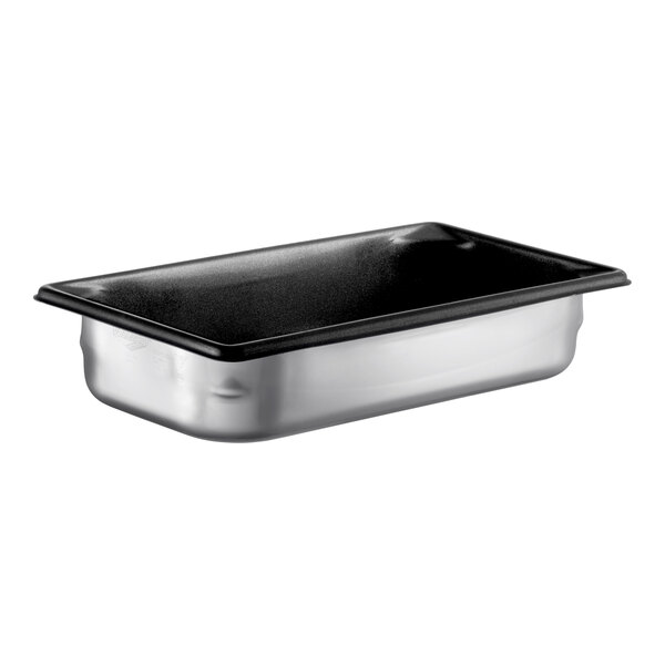 A stainless steel Vollrath steam table pan with black SteelCoat x3 non-stick coating.