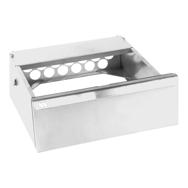 A stainless steel drawer assembly with holes.