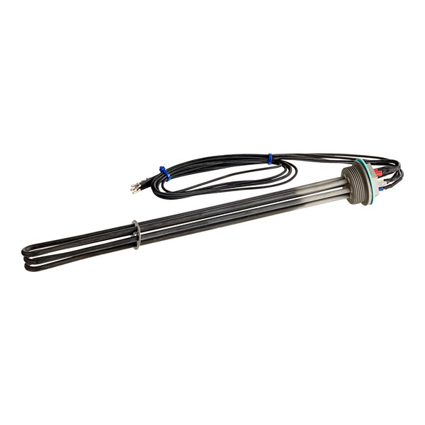 A black electric immersion heater with wires and a blue end.