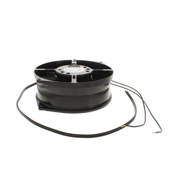 a black wheel with a white label