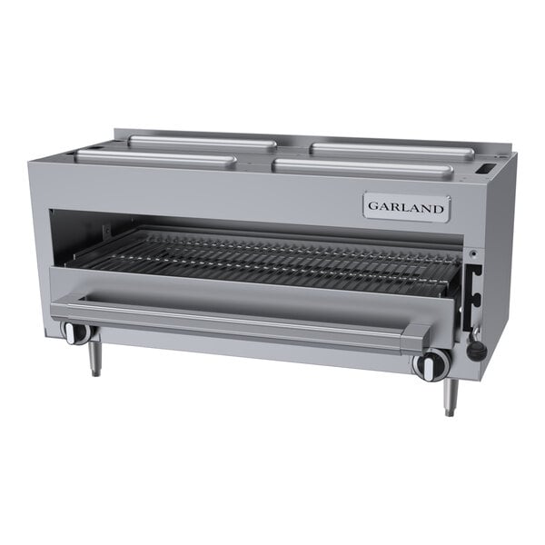 A stainless steel countertop infra-red salamander broiler with adjustable rack and control knobs, designed for commercial kitchens.