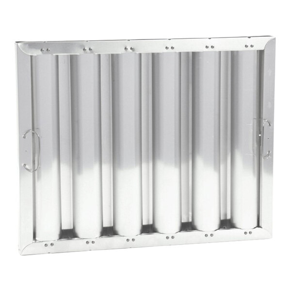 An aluminum grease filter with a rectangular frame and vertical baffles, typically used in commercial kitchen ventilation systems.