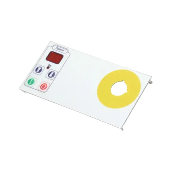 A white rectangular electronic panel with yellow and green buttons and a yellow circle with a hole in it.