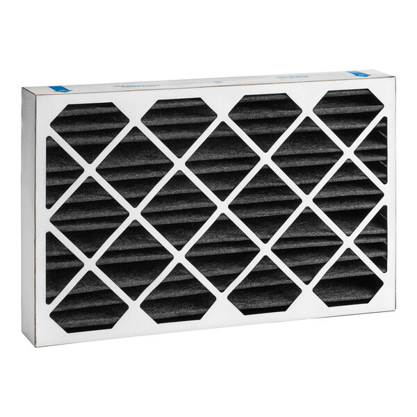 A close-up of a black and white BKI air filter with black and white squares.