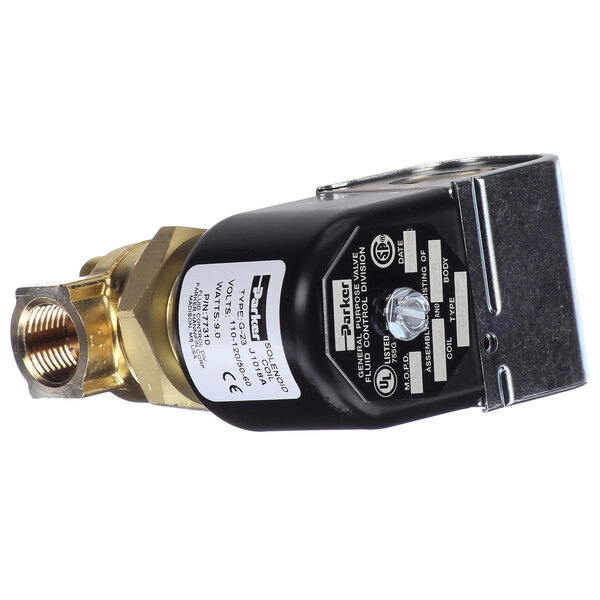 A close-up of a black and brass Stero pressure valve.
