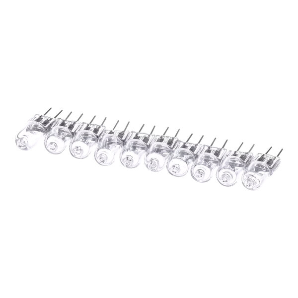 A row of clear halogen light bulbs on a white background.