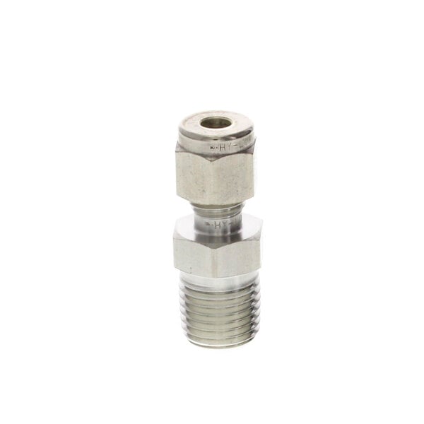 A close-up of a stainless steel threaded pipe fitting with a nut.