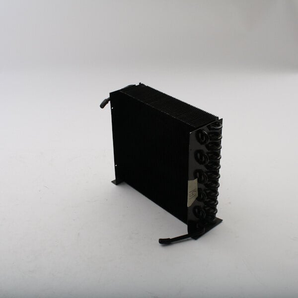 A black rectangular condensing coil with wires.