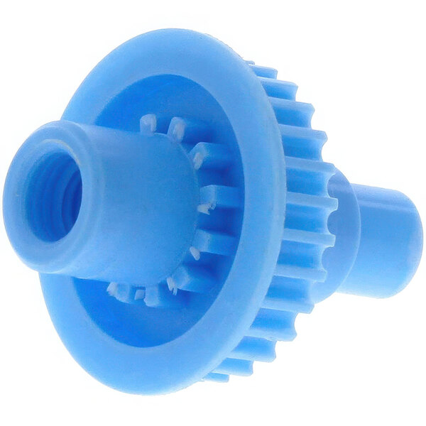 A close-up of a blue plastic gear with a nut.