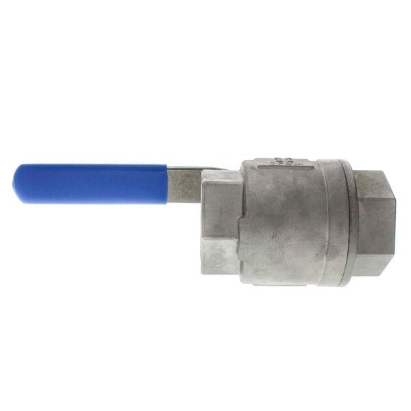 A close-up of a grey metal Pitco valve with a blue handle.