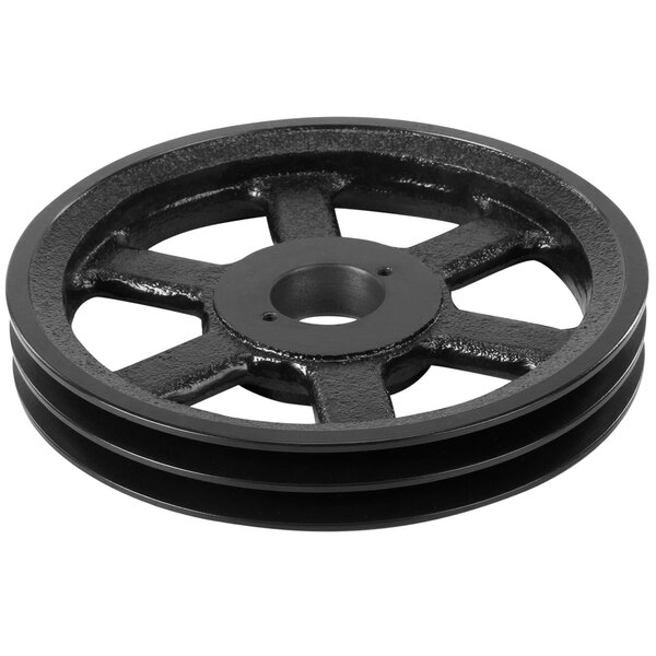 A black metal Stero dual pulley wheel with a hole in the center.