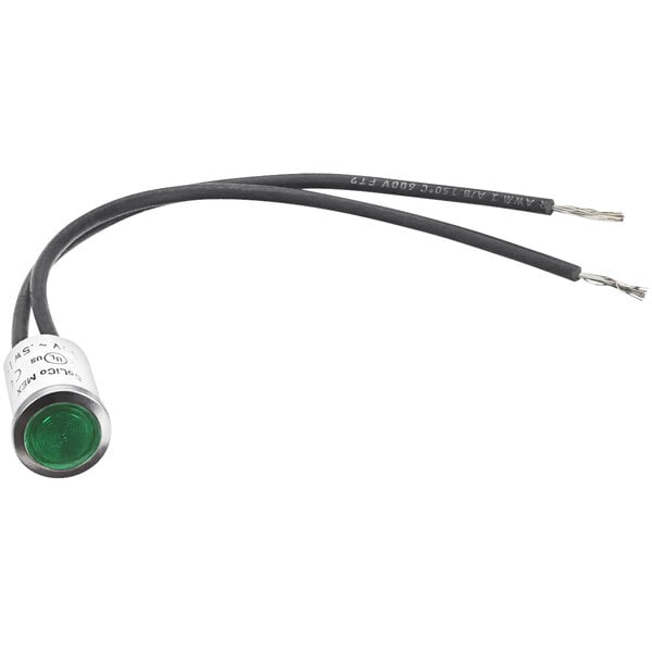 A green APW Wyott round pilot light with a black cable.