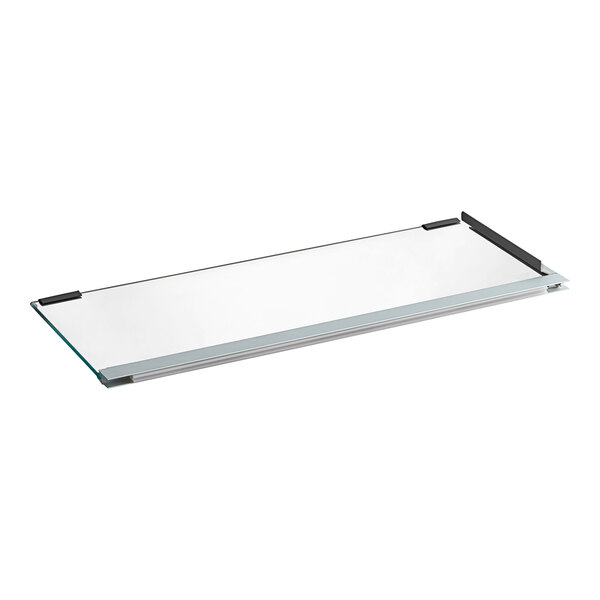 A white rectangular glass shelf with a silver border.