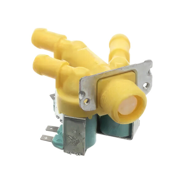 A yellow and silver Alliance Laundry 3-way water valve with two yellow wires.