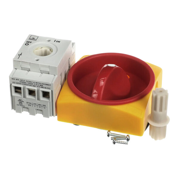 A red and yellow Doyon Baking Equipment main switch with white plastic parts.