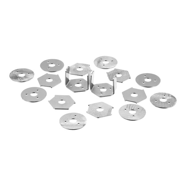 A group of metal shims with holes in the center.