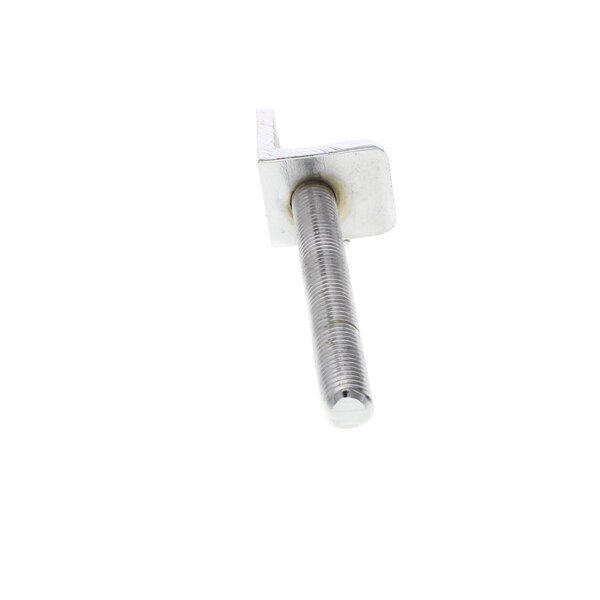 A close-up of a metal bolt with a nut on a white background.