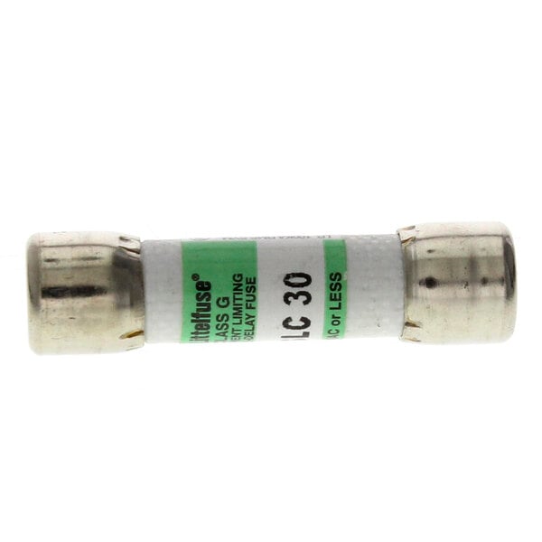 A close-up of a white and green Alto-Shaam FU-3860 fuse with a green label.