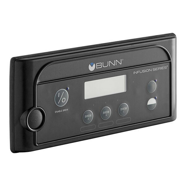 A black rectangular Bunn control panel with buttons and a white screen.