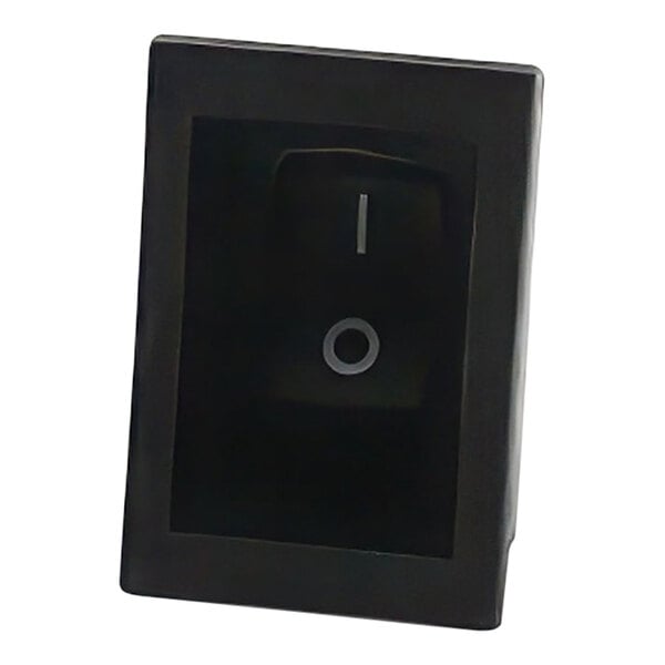 A black rectangular object with a white and gray button.