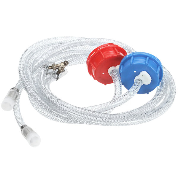 A close-up of two Eloma hoses with red and blue plastic caps.