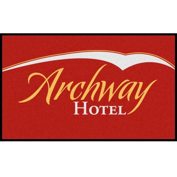 A red carpet entrance mat with yellow text reading "Archway Hotel"
