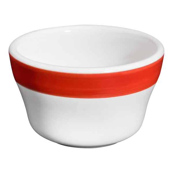 A white stoneware bouillon bowl with a red stripe around the rim.