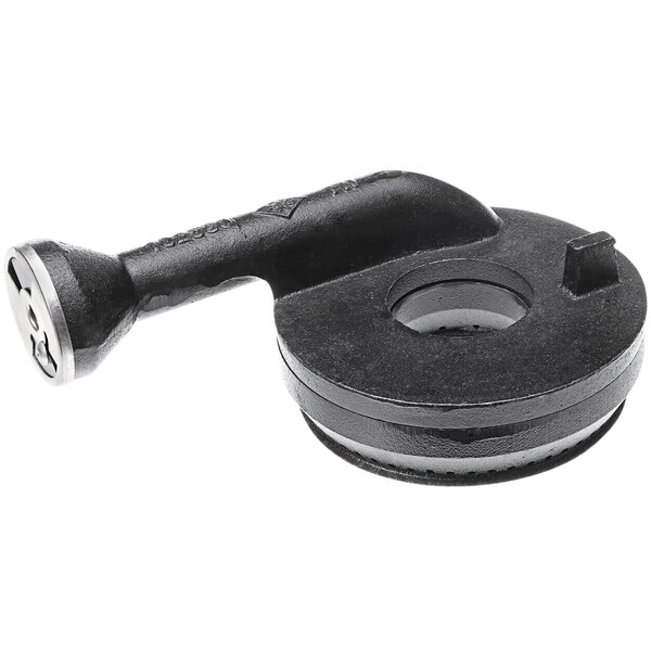 A black metal short venturi for a pizza oven with a round hole.