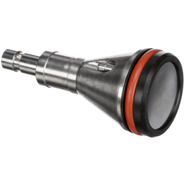 A Franke metal nozzle with a red rubber ring on it.