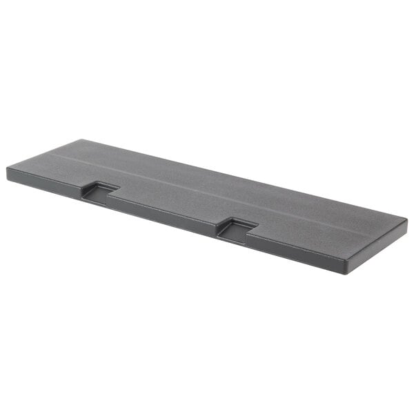 A black rectangular tray with a handle and holes on the sides.