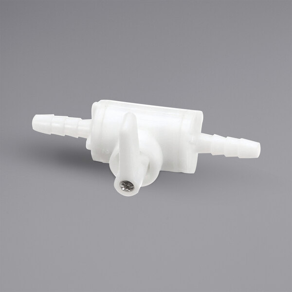A white plastic Cornelius valve with two barbs.