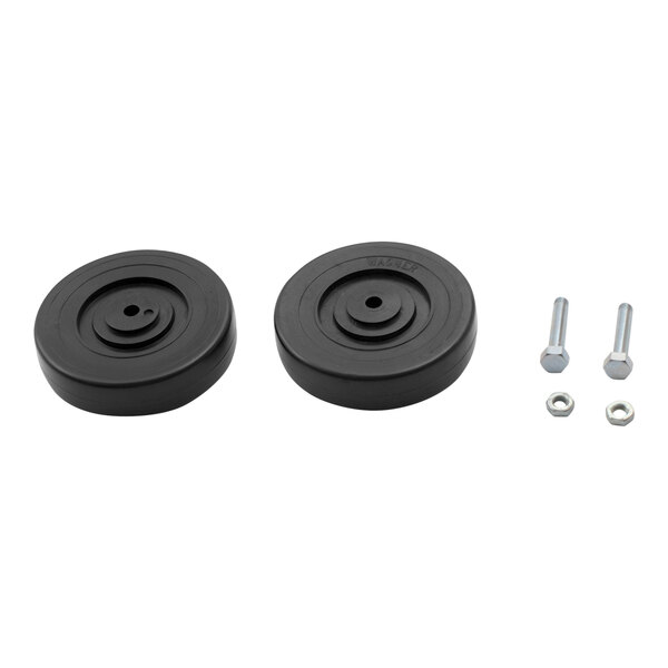 Two black Winston Industries Inc. rubber wheels with metal bolts and nuts.