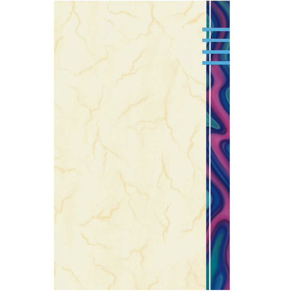 The right insert of a white rectangular menu paper with blue and purple wave border lines.