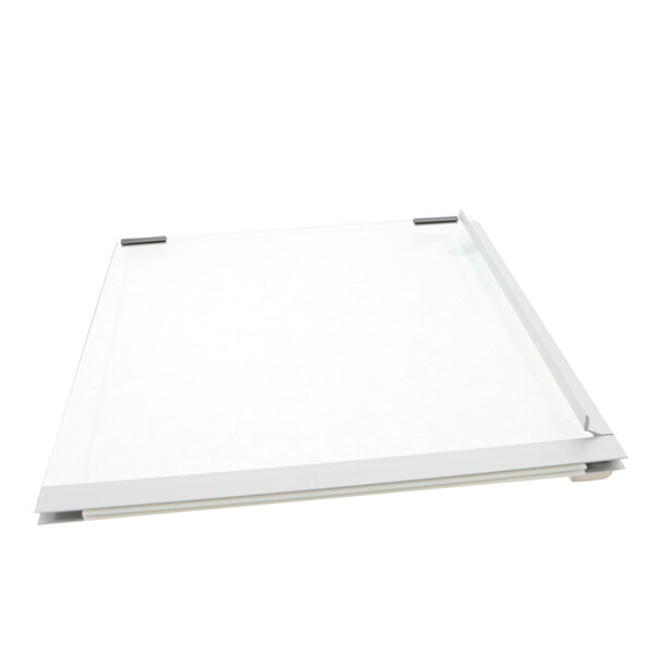 A white glass board with metal corners and a metal handle on a white background.