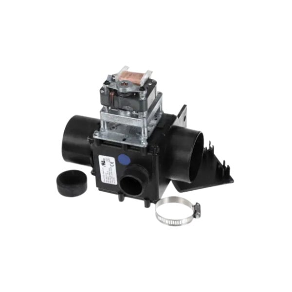 An Alliance Laundry 220V water valve with black plastic tubing attached.