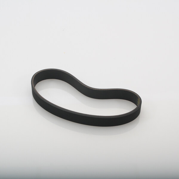 A black Univex Poly V belt on a white surface.