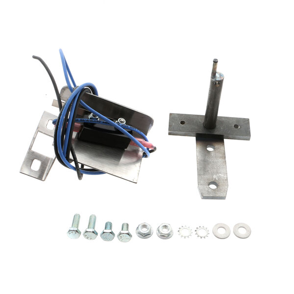 A metal box with a screw in the middle, blue wires, and screws.