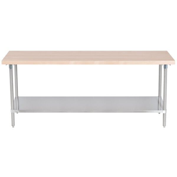 An Advance Tabco wood top work table with stainless steel legs and undershelf.