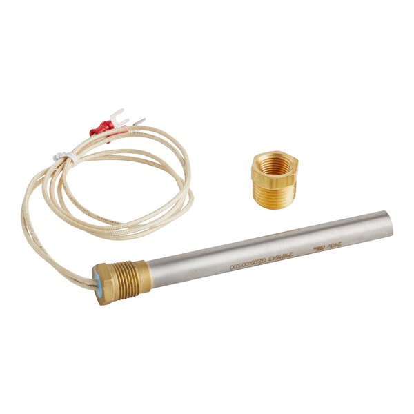 A metal water heating element tube with a thread and a brass connector.