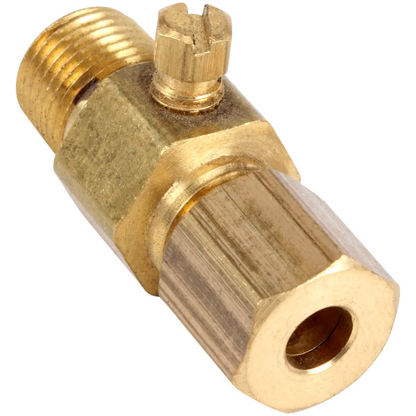 A Bakers Pride brass pilot adjustment valve with a nut on a brass pipe.