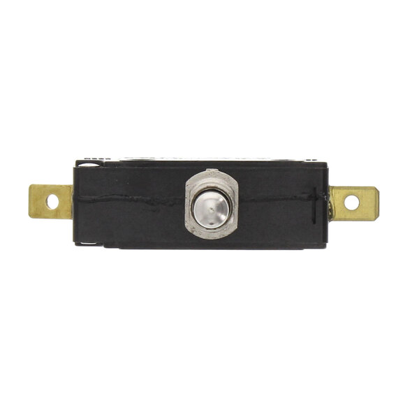 A close-up of a black and silver Scotsman metal switch with a round button.