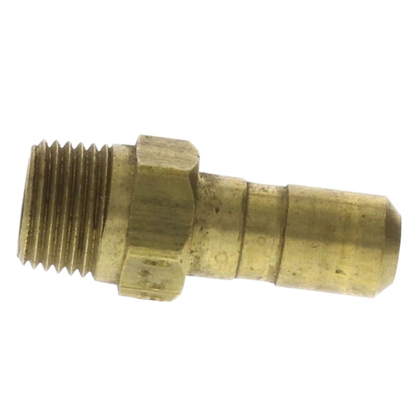 A close-up of a brass threaded fitting.
